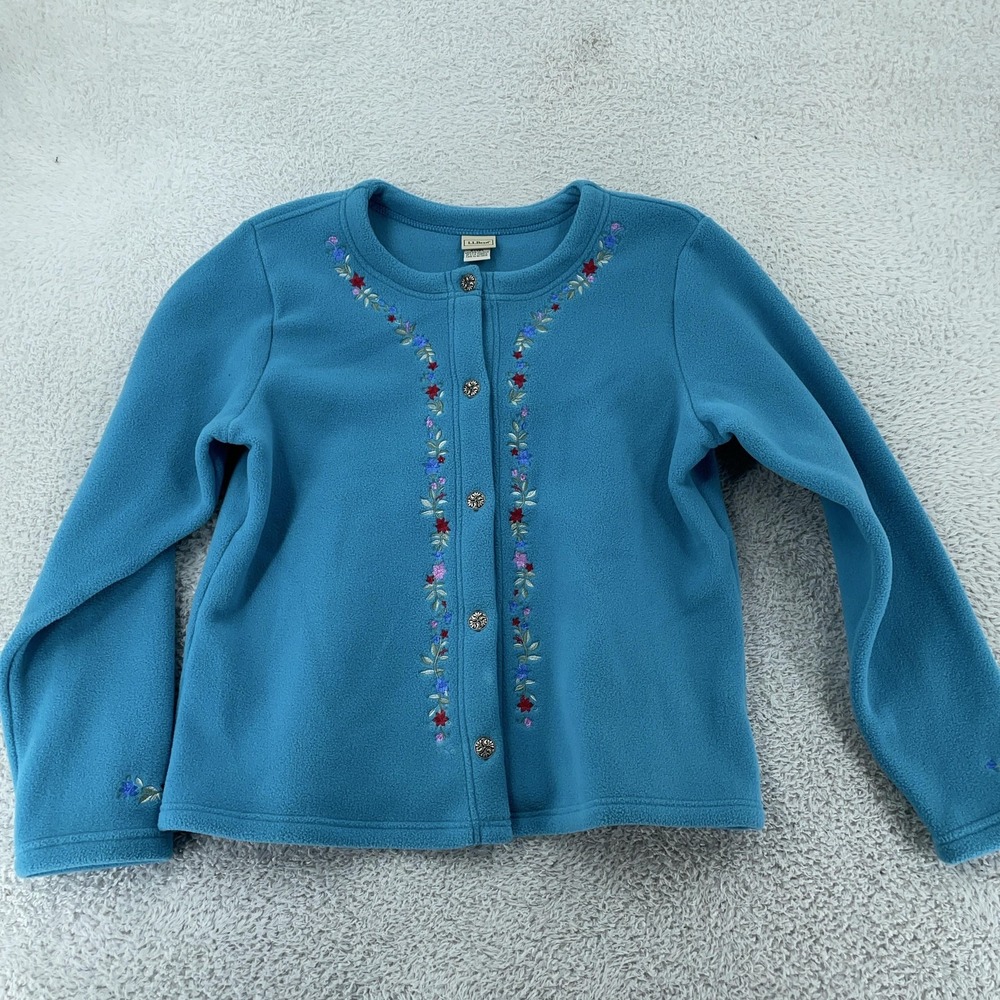 L.L. Bean Fleece Cardigan Womens‎ CROP FIT Medium Floral Embroidered Sweater